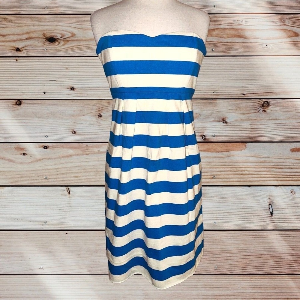K1 J. Crew Blue/White Semi-Sweetheart Neckline Strapless Mini Dress, Size 6 NWT